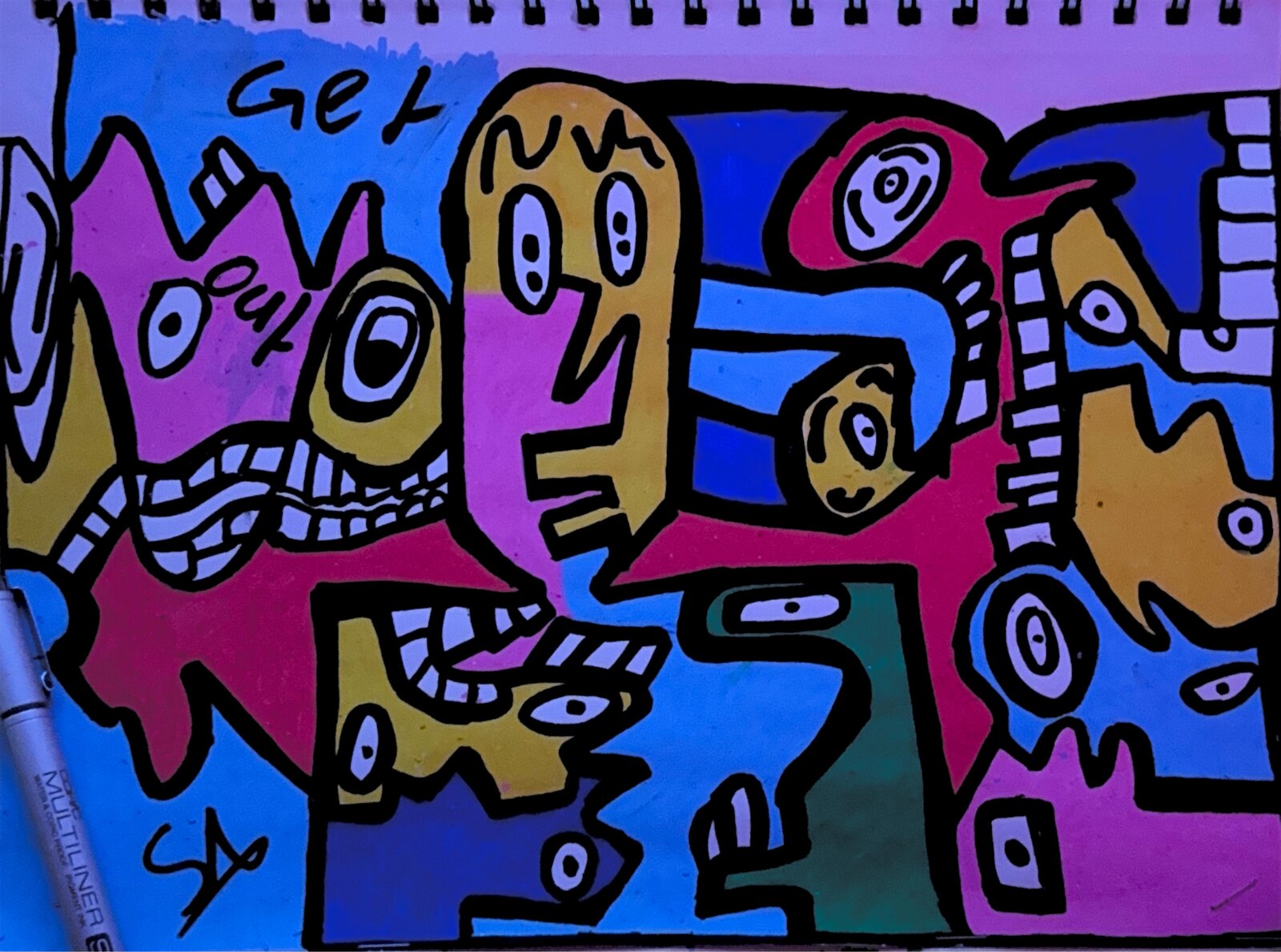 A vivid purple and teal field crowded with interlocking figures and eyes, orange accents throughout, lettering worked into the upper area.