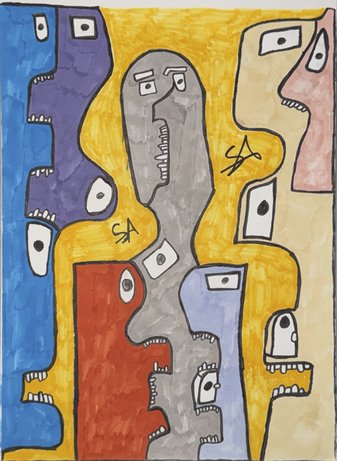 RADAR cover art by S.R. featuring stylized faces in abstract, raw ink outline and watercolor texture.