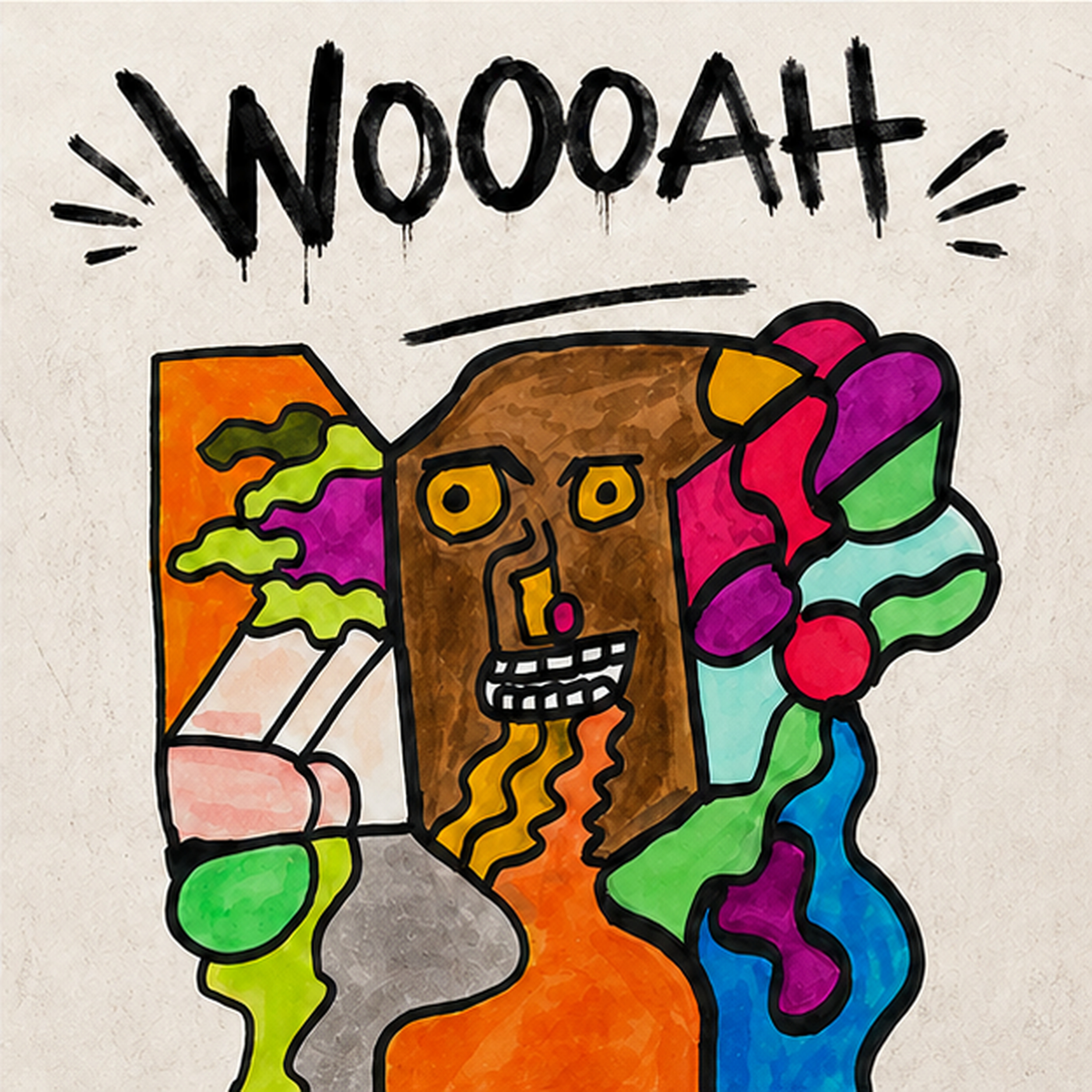 WOOOAH cover art by S.R. featuring raw cardboard splatter and bold ink outlines of faces.