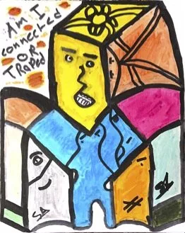 Stacked yellow, pink, blue, and orange faces locked in heavy black outline; the question Am I Connected or Trapped hand-lettered.