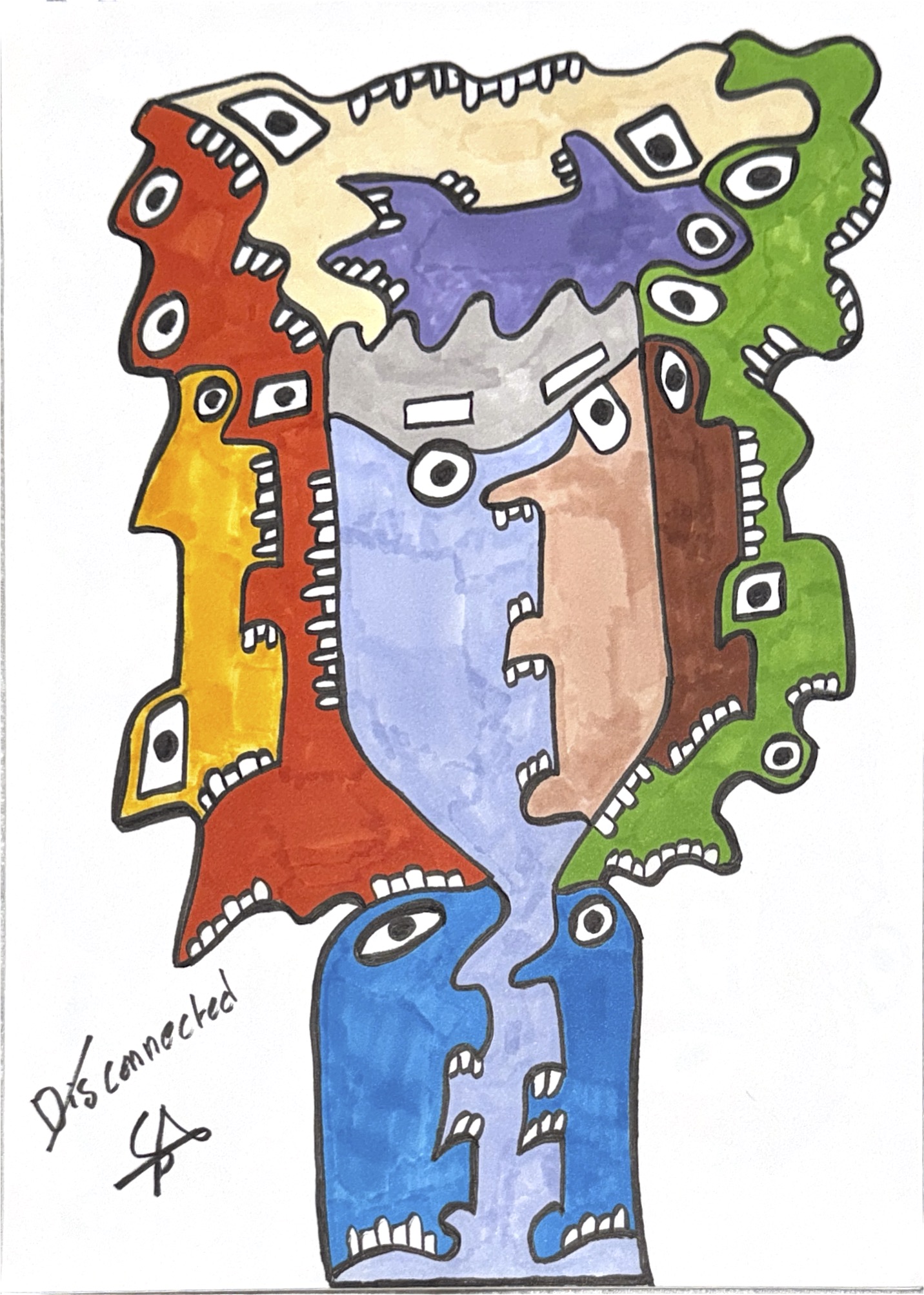 A tall profile head built from blocks of orange, yellow, purple, and green, the features pulled apart into separate colored fields, set against white.
