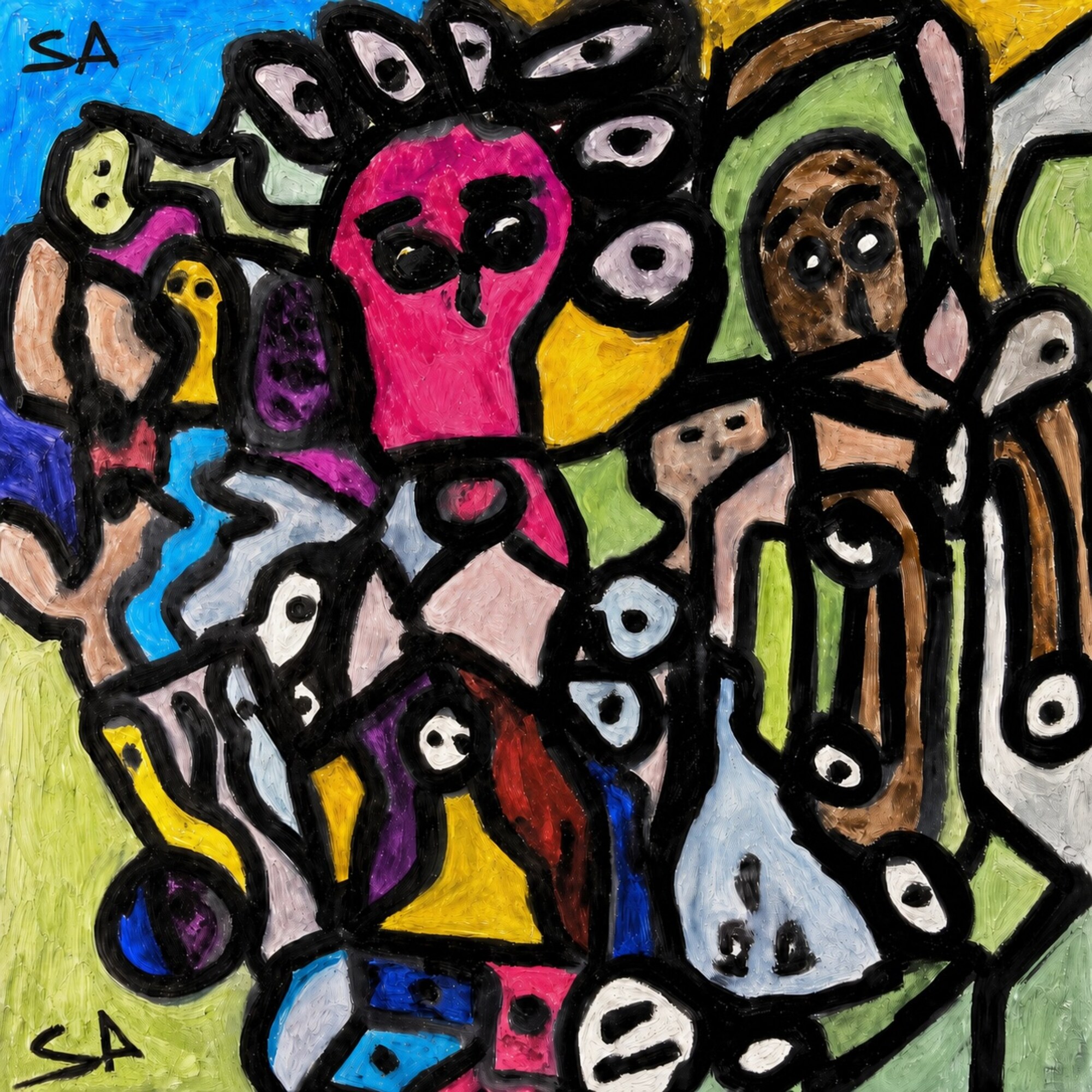 A dense composition of faces and figures in bright pink, blue, green, and yellow under thick black outline, eyes scattered across every surface, signed SA.