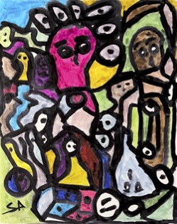 A dark, crowded composition of overlapping figures and masklike faces, a magenta face with large eyes at the upper left, a brown circular face, and white eye shapes scattered throughout.