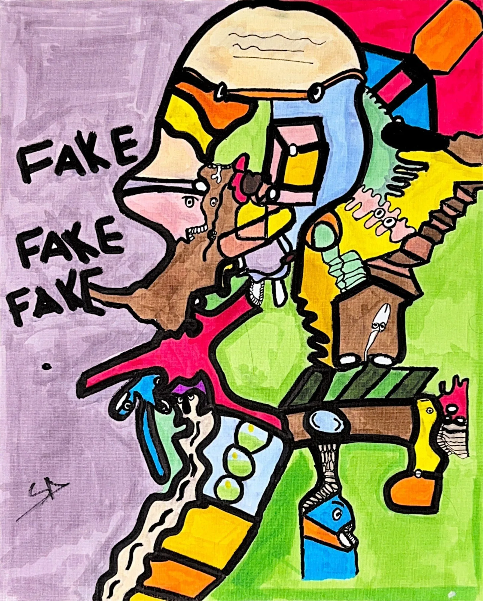 A left-facing profile packed with machinery in blue, yellow, green, and brown; FAKE FAKE FAKE lettered down the left side.