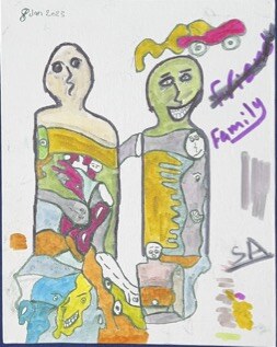 Two tall figures standing side by side, one darker and one green, drawn in a raw childlike hand with the word family written beside them and signed SA.