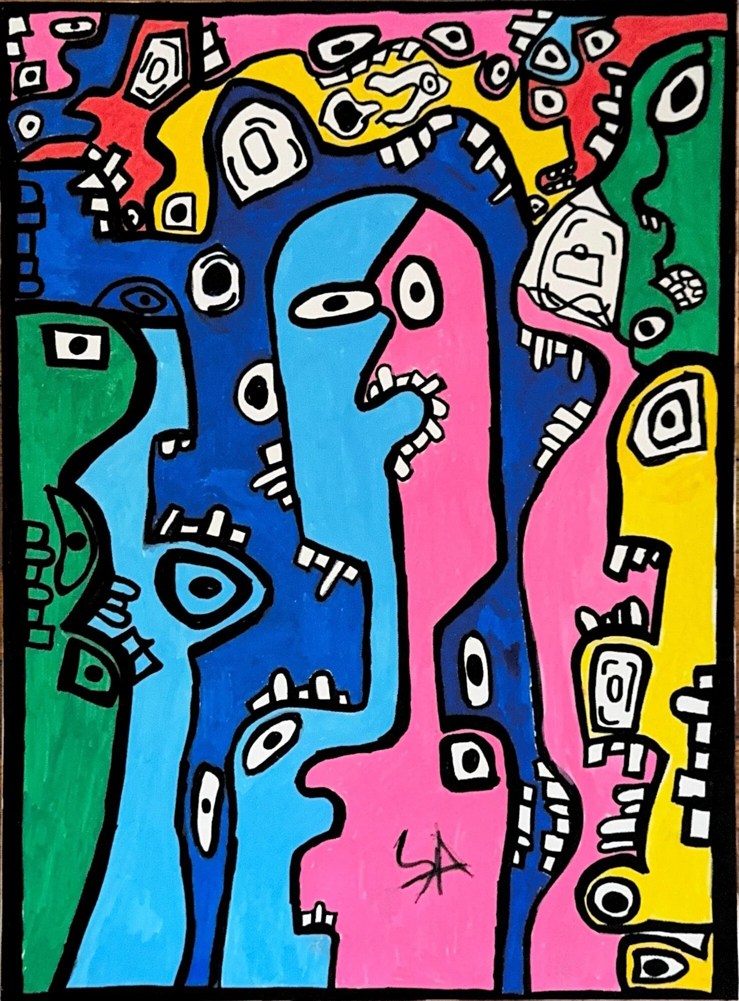 Fragmented faces in bold blocks of blue, pink, green, and yellow under thick black outline, eyes scattered throughout.