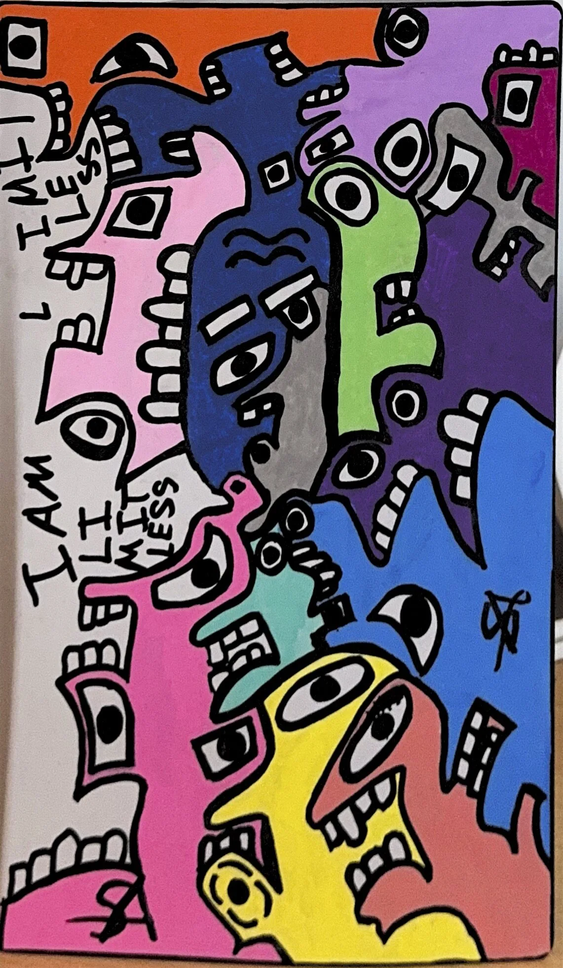 A dense vertical crowd of colorful figures and faces in pink, blue, orange, and green, full of eyes, with the phrase I am limitless I am limitless lettered down the right edge.