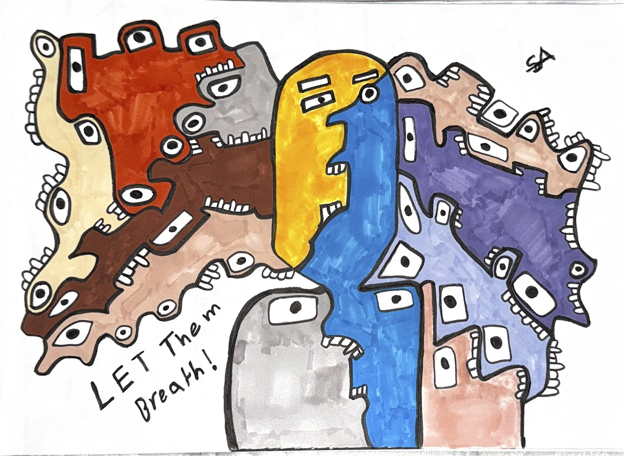 A row of colored figures in orange, blue, and purple interspersed with small house shapes, the plea Let them breathe lettered along the bottom.