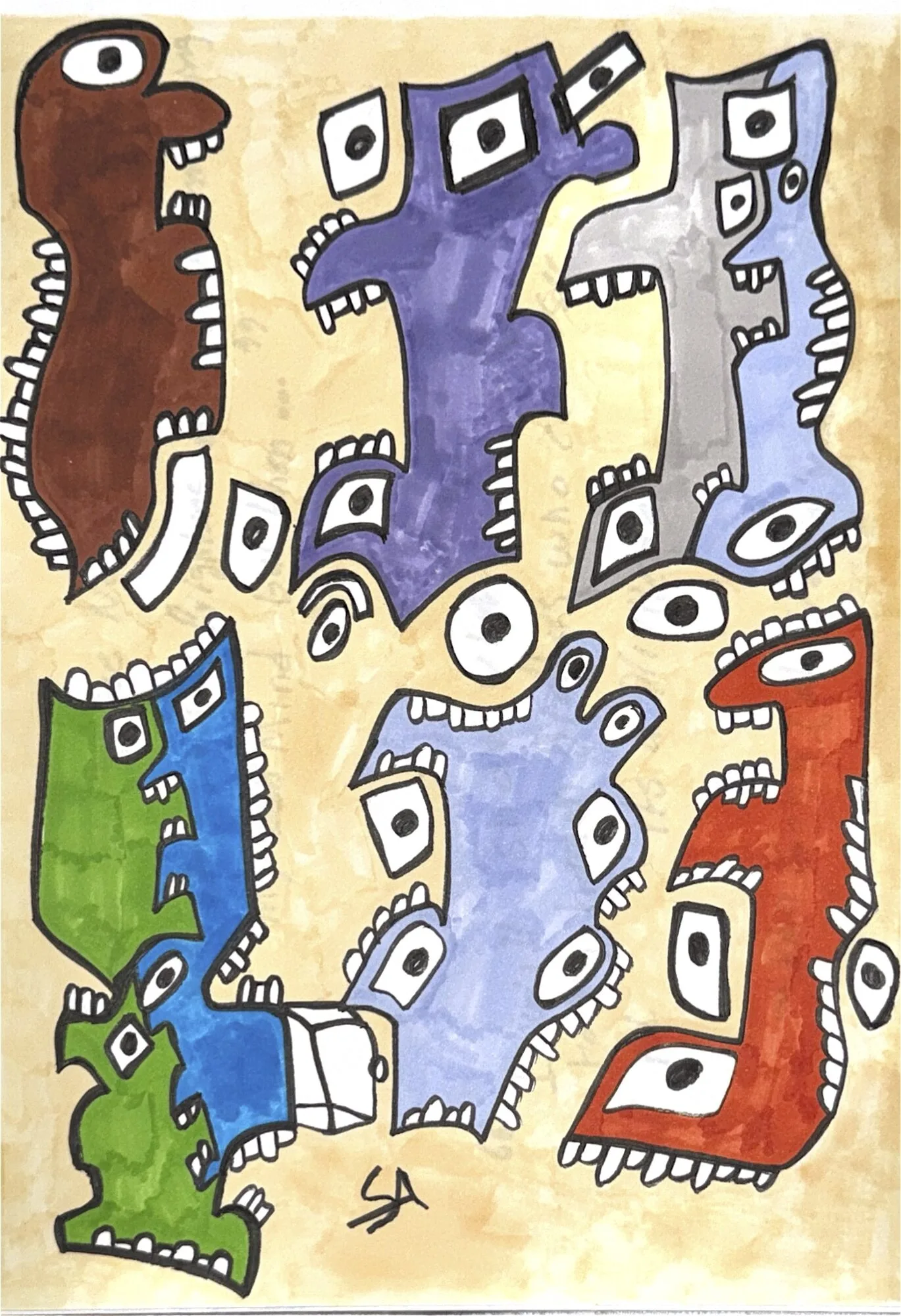 Blue, brown, and green blocky figures on a cream ground, their bodies cut through with many small white door and window rectangles.