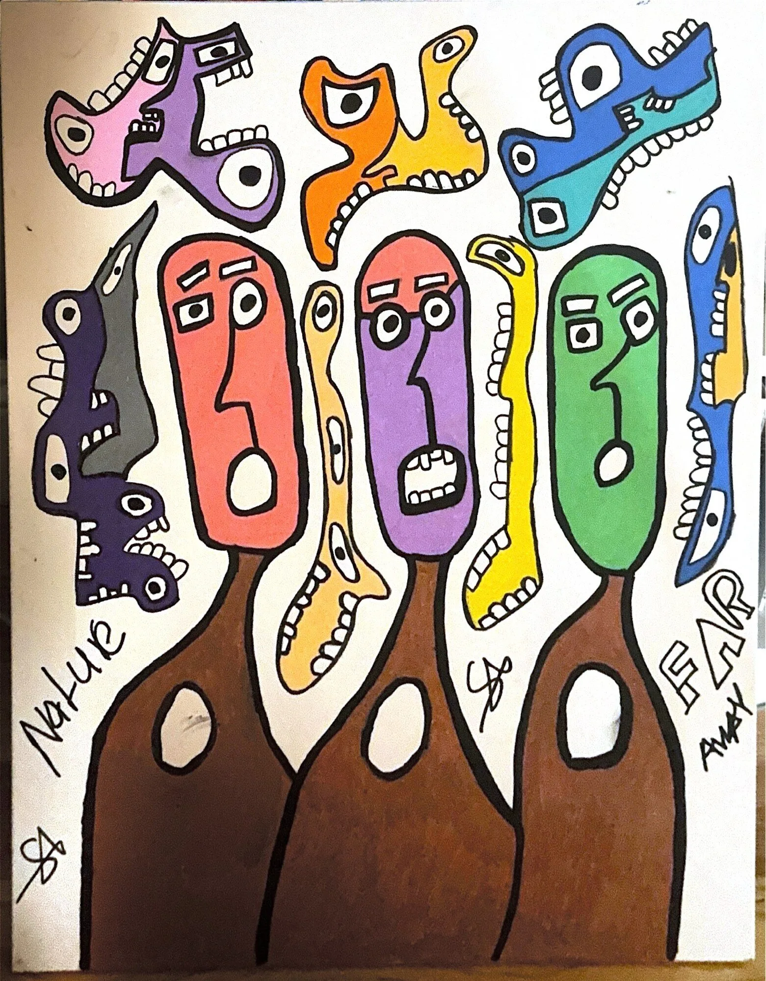 Tall figures with red, purple, and green heads on brown bottle-shaped bodies, smaller faces floating above them, the words Nature and Fear hand-lettered across the canvas, signed SR.