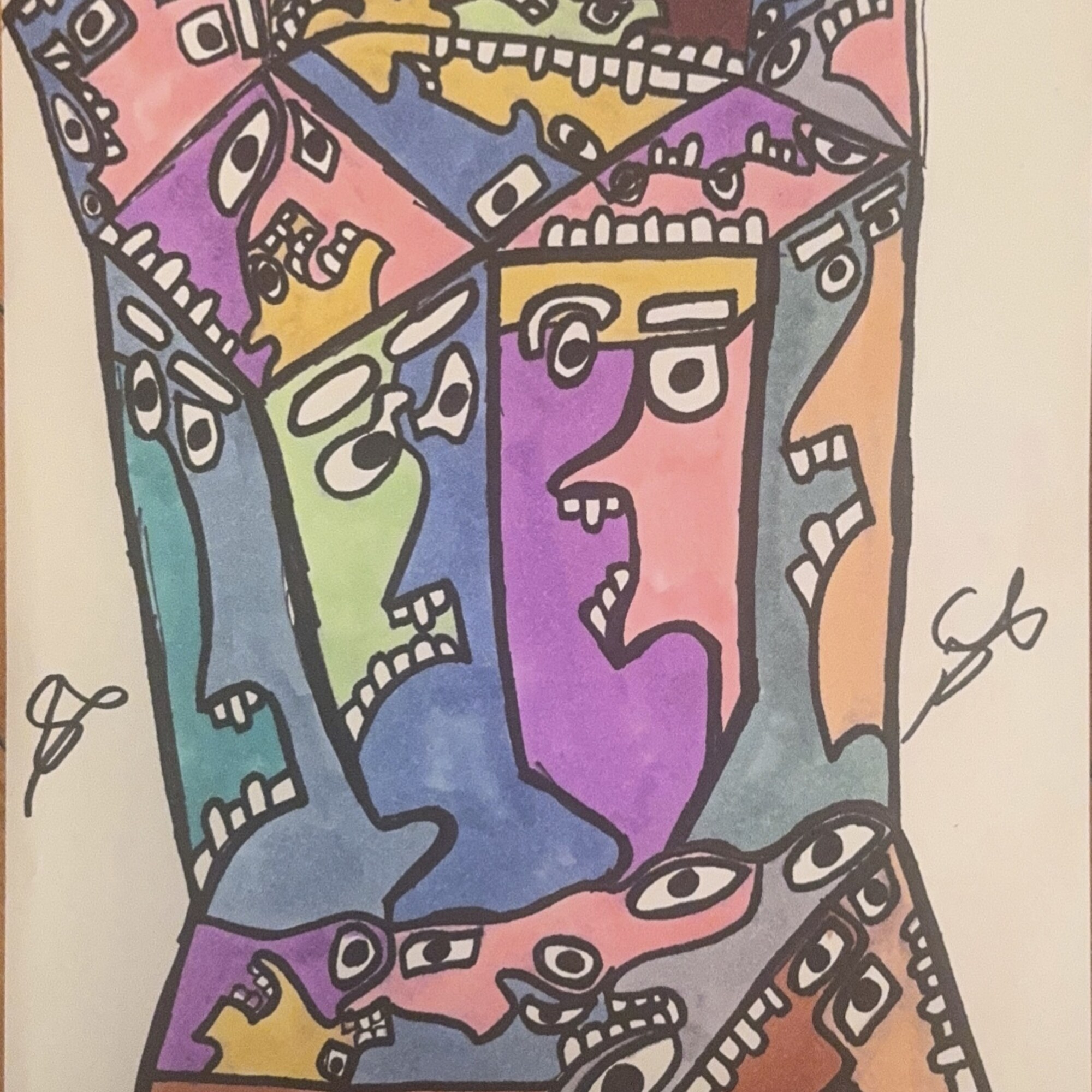 A tall tower of faces set into one another in purple, blue, and green watercolor under thick black outline, eyes gathered along the base, signed SR.