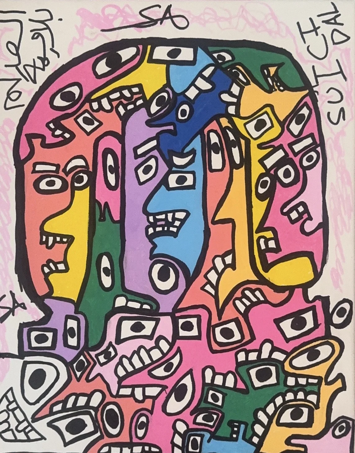 A crowd of overlapping profile faces in pink, orange, blue, green, and purple, wide doubled eyes and bared teeth, mirrored Arabic text and the word SUICIDAL hand-lettered at the top, signed SA.