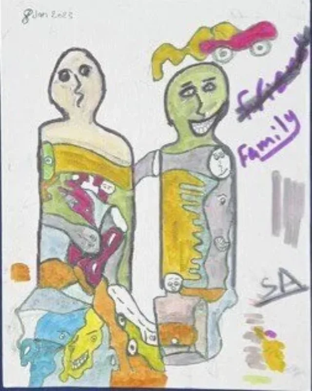 Two tall figures standing side by side, one darker and one green, drawn in a raw childlike hand with the word family written beside them and signed SA.