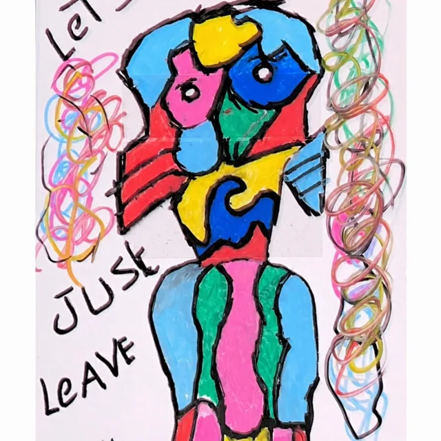A bright figure built from blue, pink, yellow, and green blocks under thick black outline, with the words let, just, leave written down the left side and loops of scribbled line beside it.