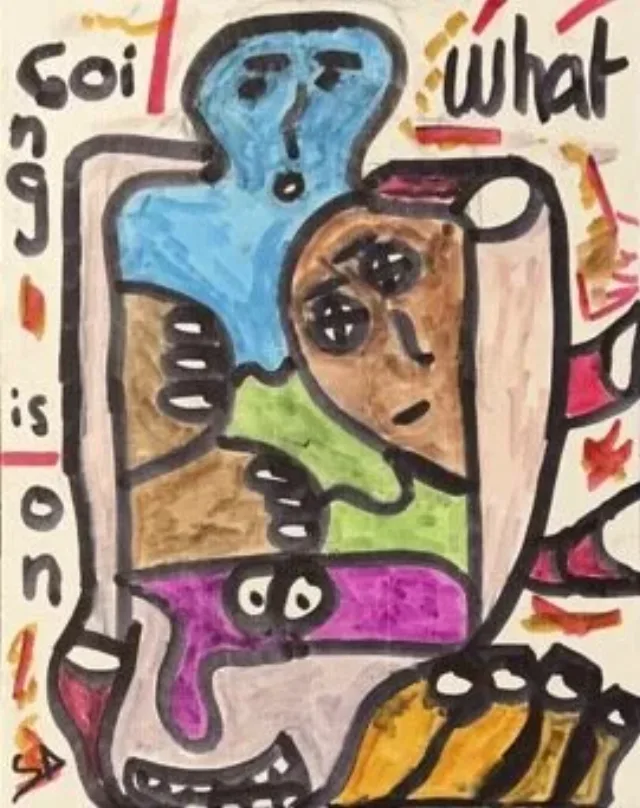 A hunched grey-blue figure with raised hands and a brown face, magenta accents around it, the words What is on lettered into the dark field.
