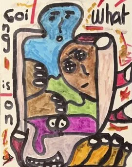 A hunched grey-blue figure with raised hands and a brown face, magenta accents around it, the words What is on lettered into the dark field.