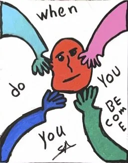 A red-faced figure with one pink and one blue wing on white; the question When Do You Become You lettered around it.
