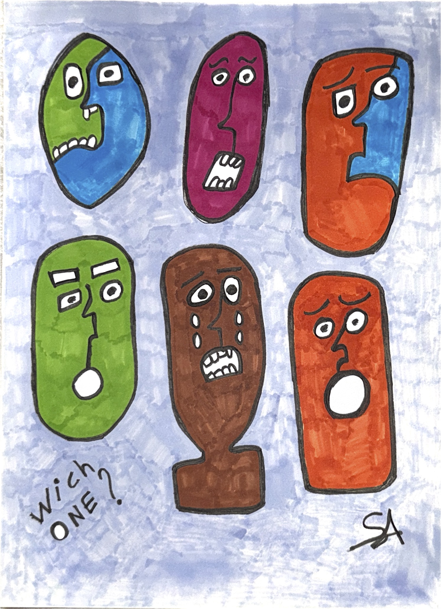 Six oval pill-shaped faces in green, red, brown, and orange, each with a different expression, arranged on pale blue, the words Which one lettered below.