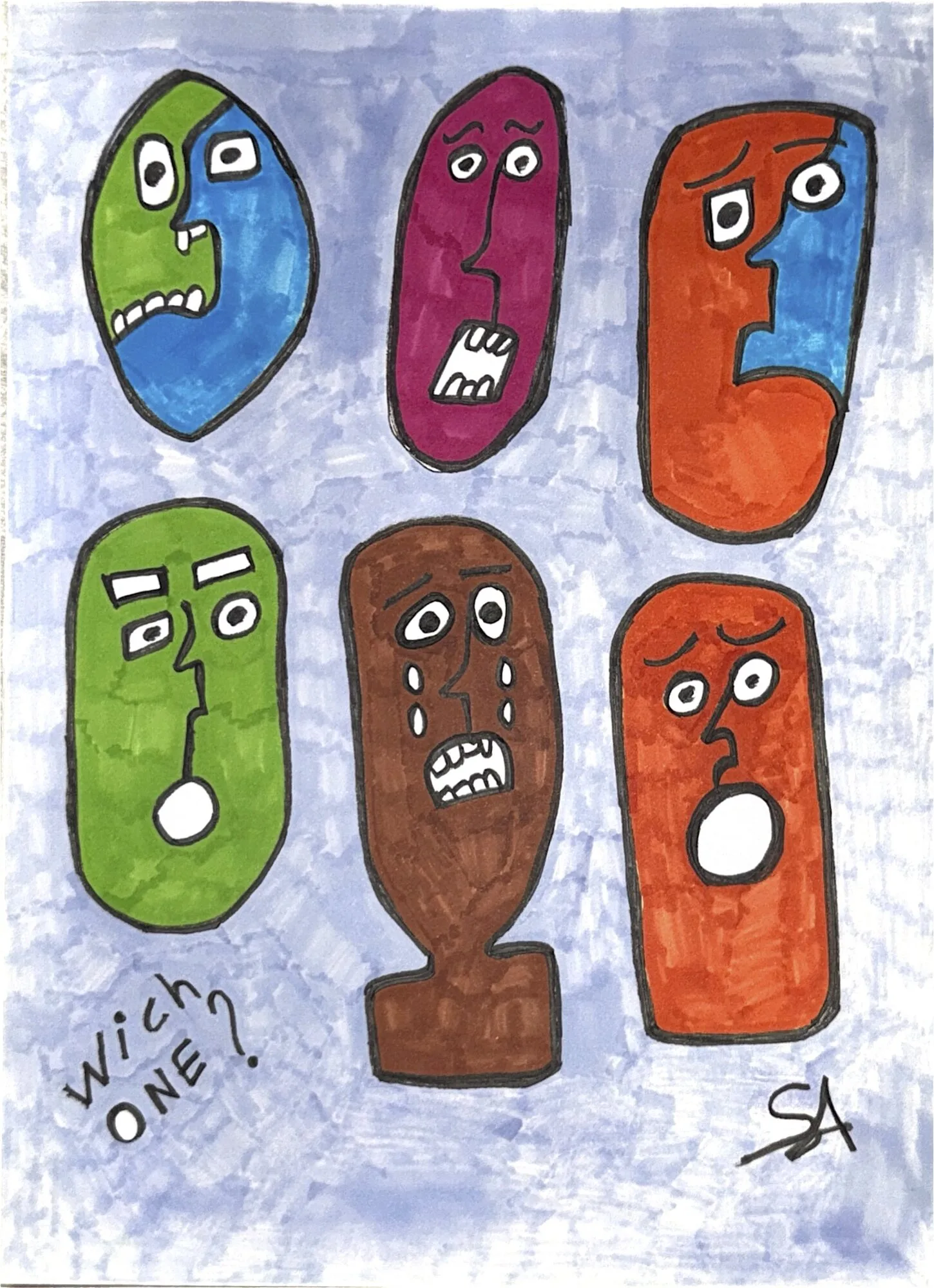 Six oval pill-shaped faces in green, red, brown, and orange, each with a different expression, arranged on pale blue, the words Which one lettered below.