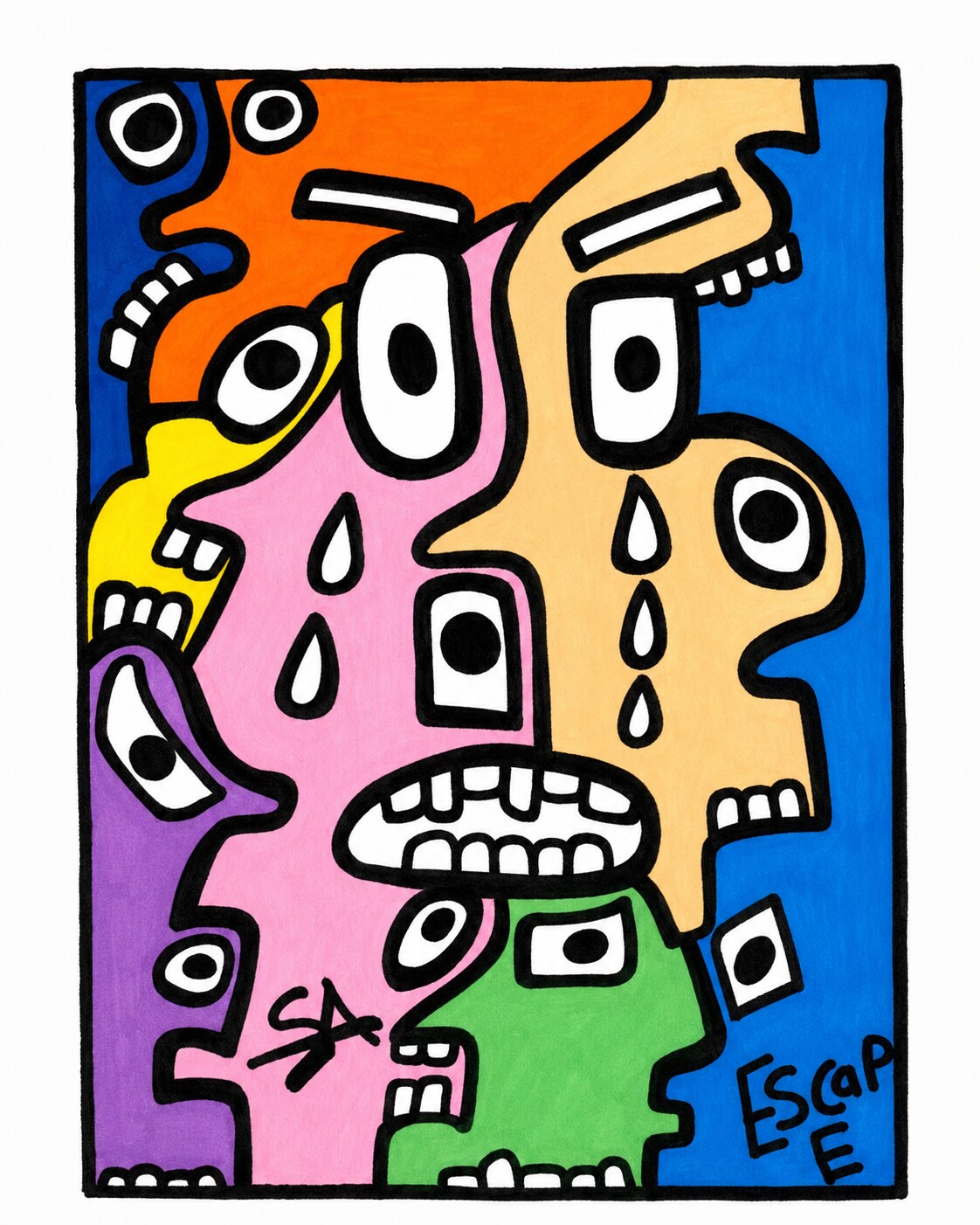An Escape poster by S.R. in the art-brut style, heavy black outline and saturated color.