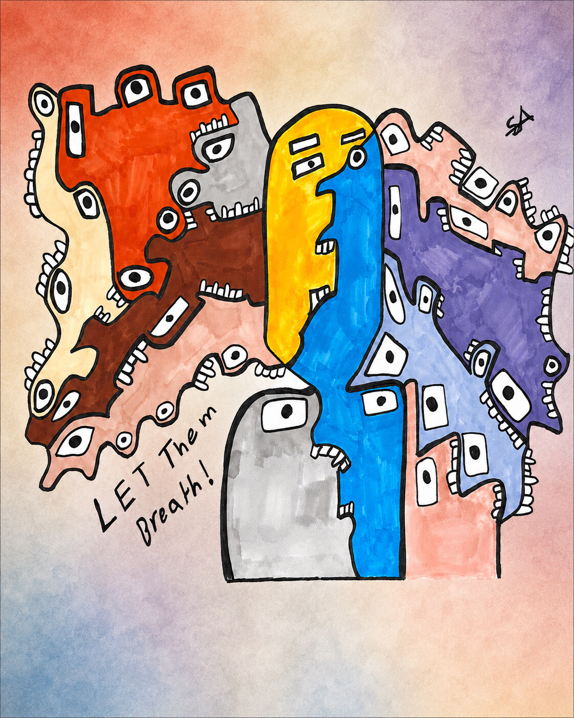 A poster of Let Them Breathe by S.R.: a row of colored figures packed against small house shapes.