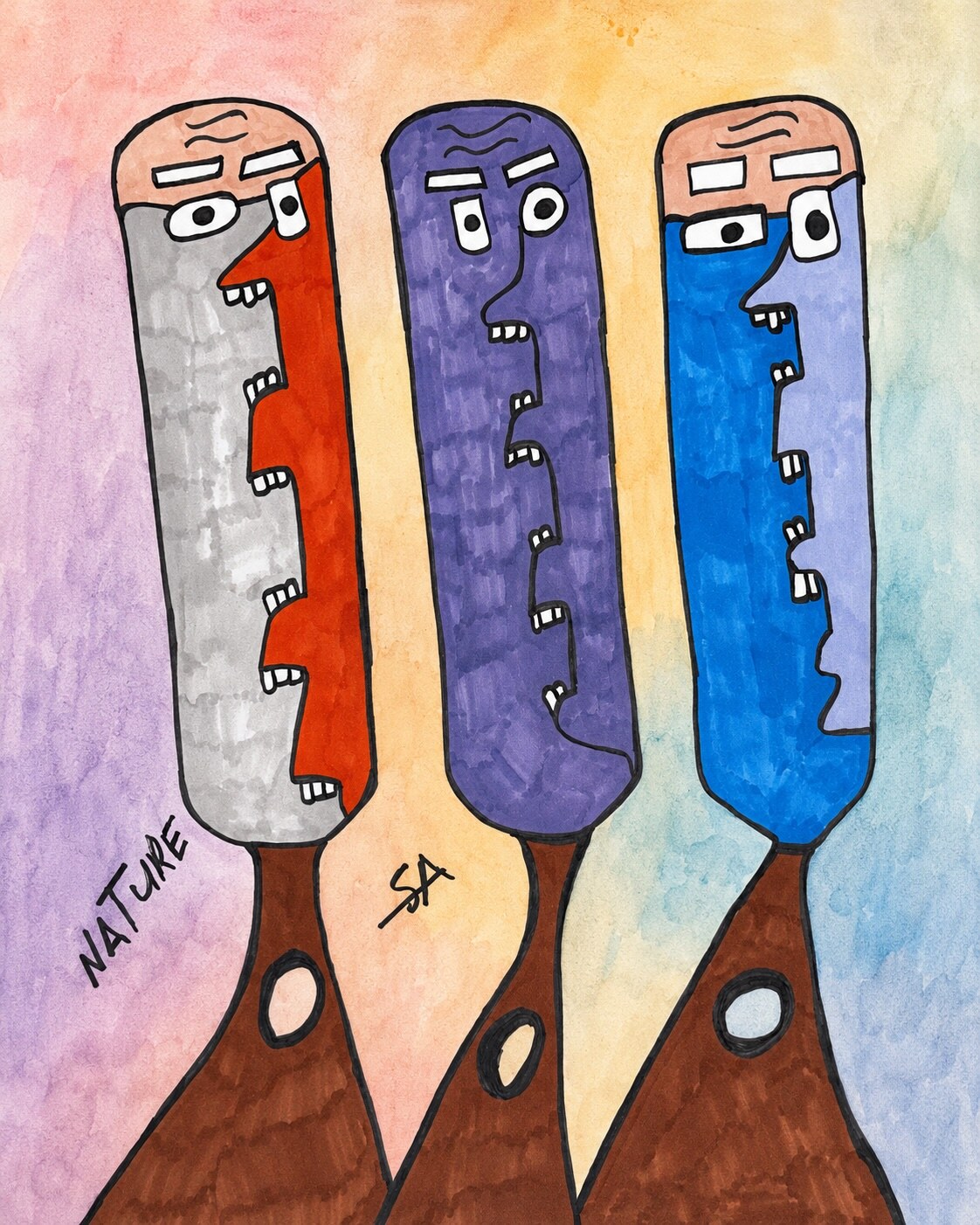 A poster of the painting Nature by S.R.: three totem figures on slender stems, half tree and half person, in grey-blue, purple, and blue.