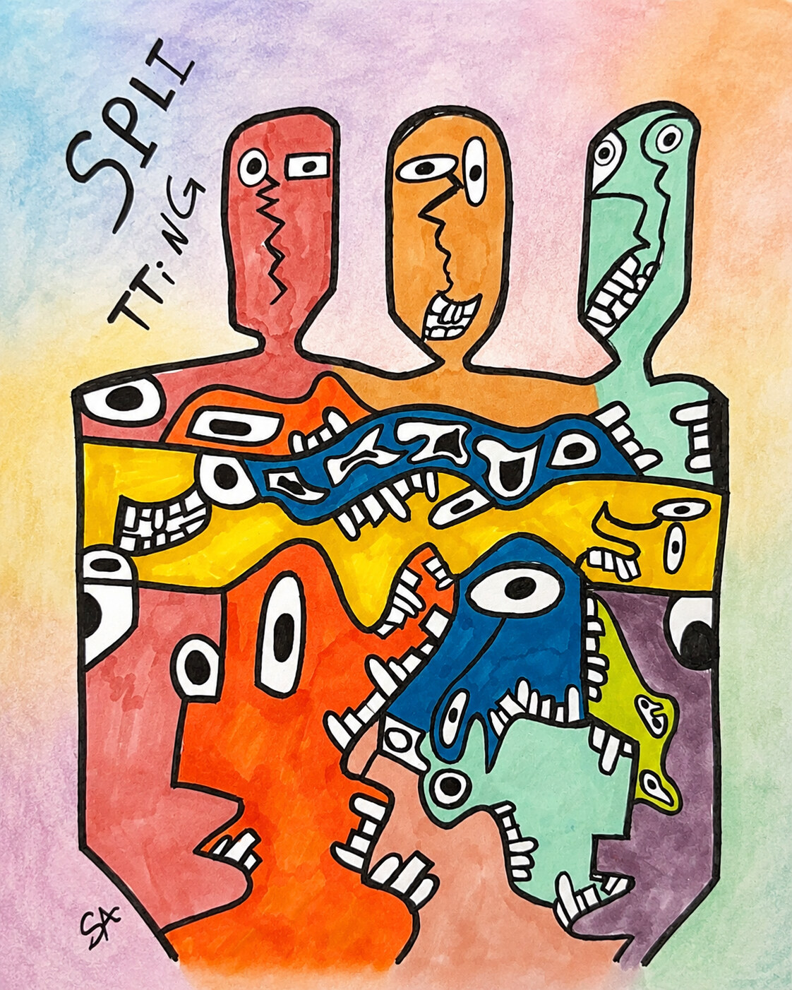 A poster of the painting Splitting by S.R.: three calm faces above a dense crowd of fragmented colored faces.