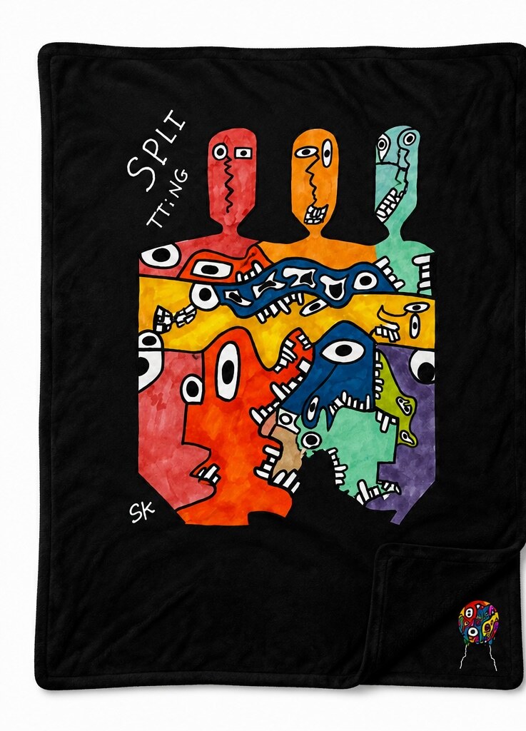 The Splitting painting printed on a soft throw blanket, shown in black and white, the full crowded composition of stacked faces carried across the fabric with the small logo mark in the lower corner.