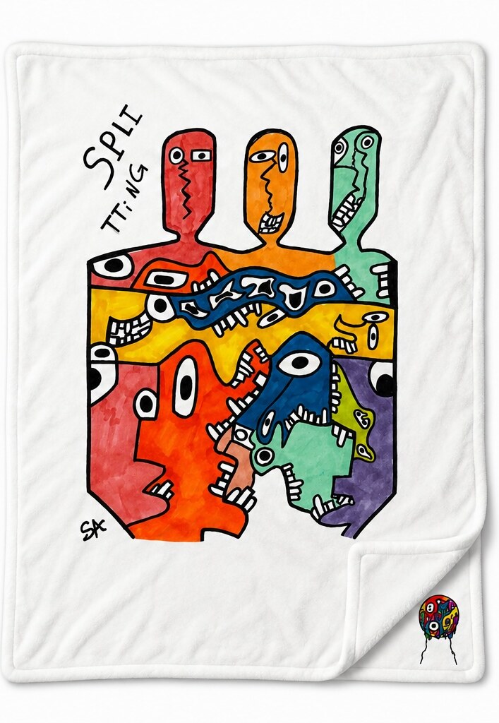 The Splitting painting printed on a soft throw blanket, shown in black and white, the full crowded composition of stacked faces carried across the fabric with the small logo mark in the lower corner.
