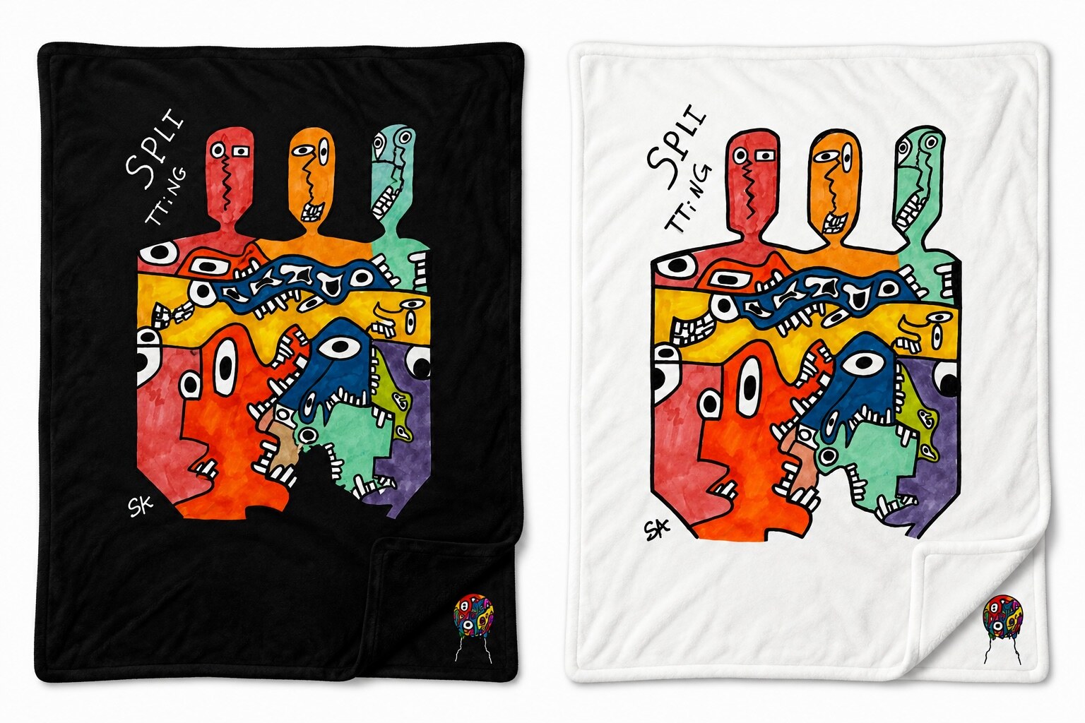 The Splitting painting printed on a soft throw blanket, shown in black and white, the full crowded composition of stacked faces carried across the fabric with the small logo mark in the lower corner.