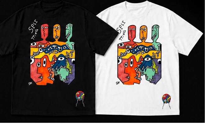 The Splitting painting printed full-color on the front of a heavyweight cotton t-shirt, shown in black and white, with a small logo detail near the lower side.